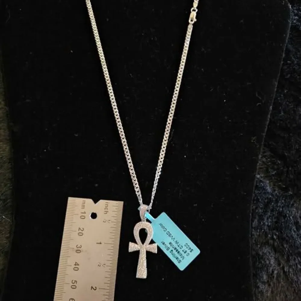 .87CTW VVSD Moissanite Ankh pendant in .925 sterling silver on 18